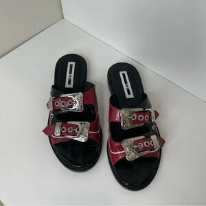 McQ Alexander McQueen Women's Moon
Buckle Crinkle Patent Waxed Calf Slide Sandal